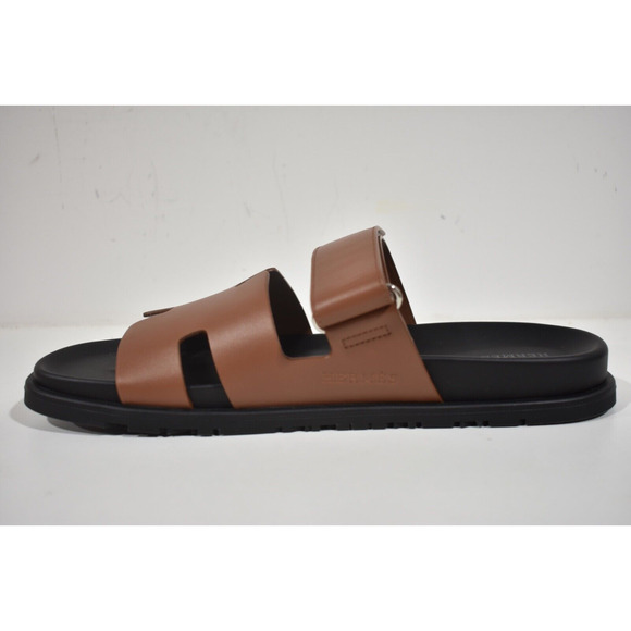 Hermes Chypre Sandal Men Black Brown Leather H Logo Slide Slip On Flat 44.5 11.5 - Picture 9 of 12